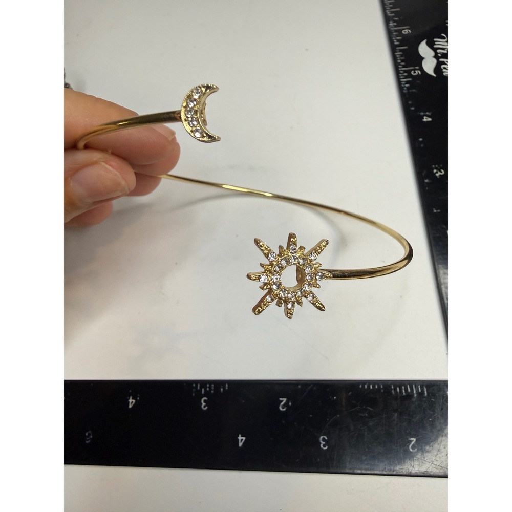 Gold Tone Celestial Sun and Moon Rhinestone Open Cuff Bracelet Arm Band
